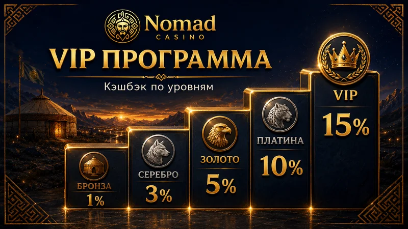 VIP-программа Nomad Casino: 5 уровней от Бронзы до VIP с кэшбэком до 15%